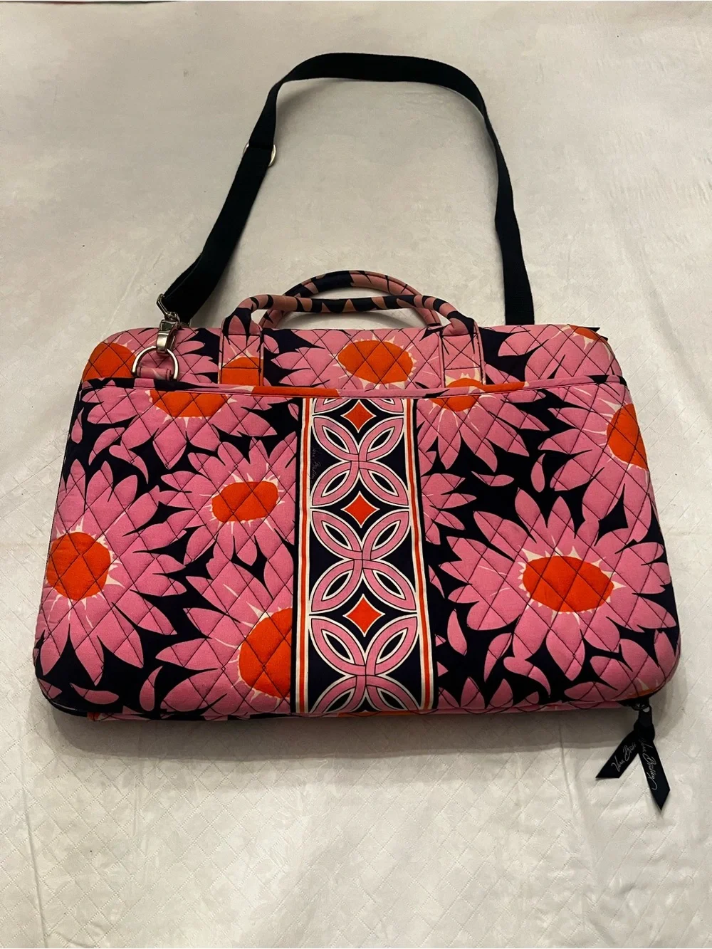 Vera Bradley large Pink Floral Quilted Laptop Bag with Orange Accents